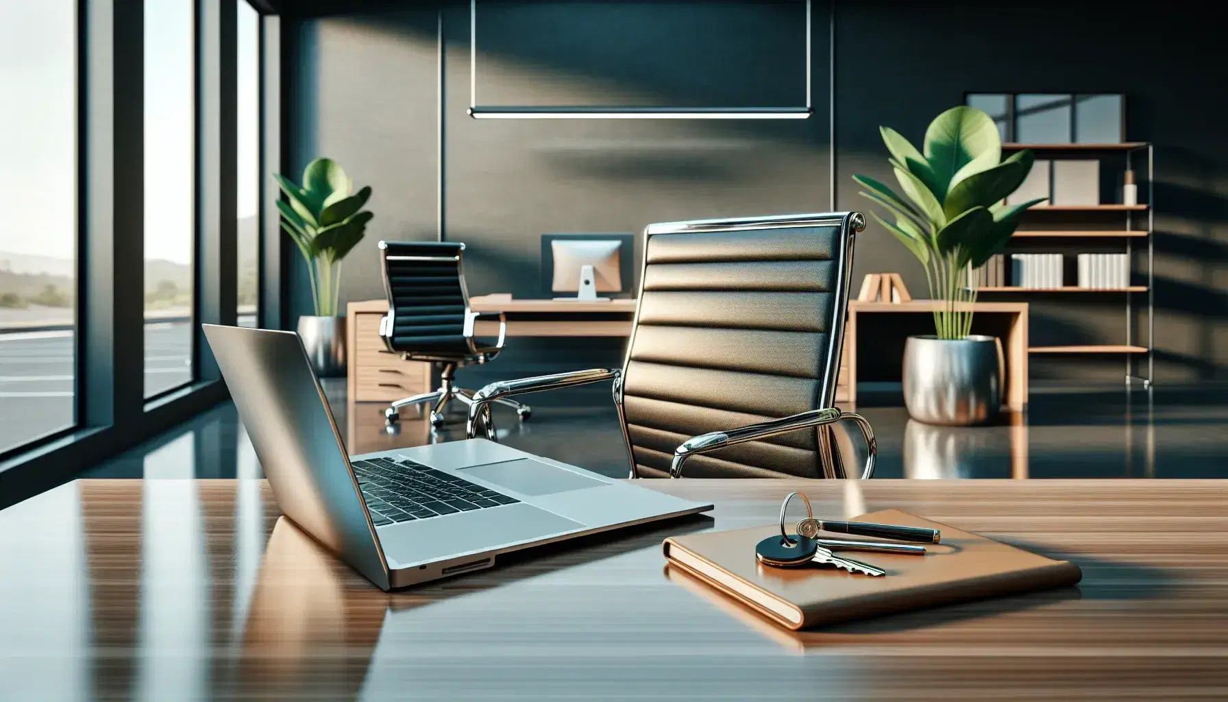 Modern office setup with a silver laptop on a wooden desk, keys, a black leather chair, and a potted plant by a large window with natural light.