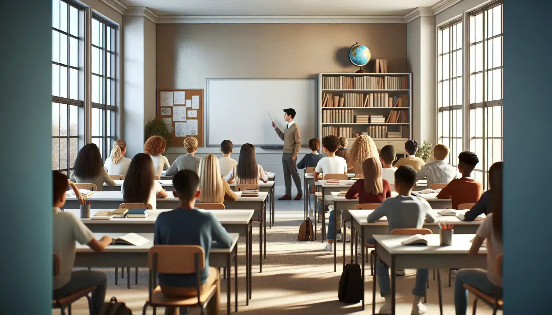 Diverse group of students in a classroom attentively listening to a teacher beside a whiteboard, with bookshelves and a globe in the background.
