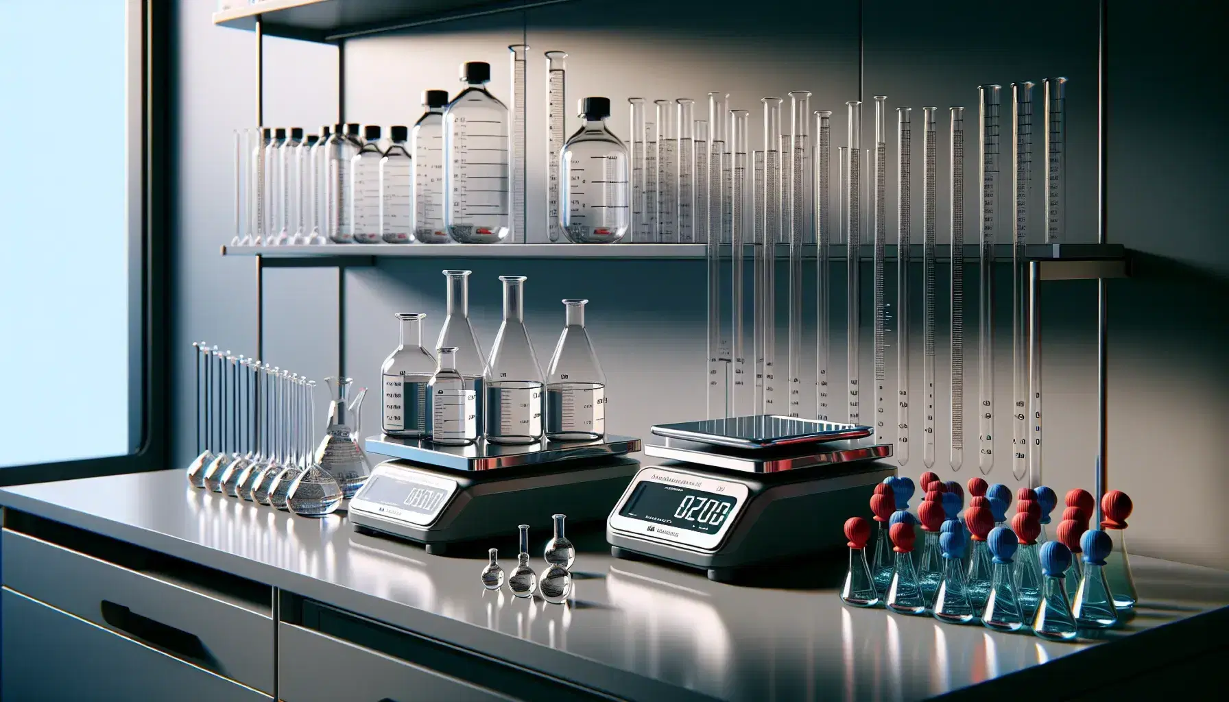 Strumenti di misurazione volumetrica in laboratorio con bilancia analitica, pesi calibrati, cilindri graduati e pipette con bulbi colorati su banco di lavoro.