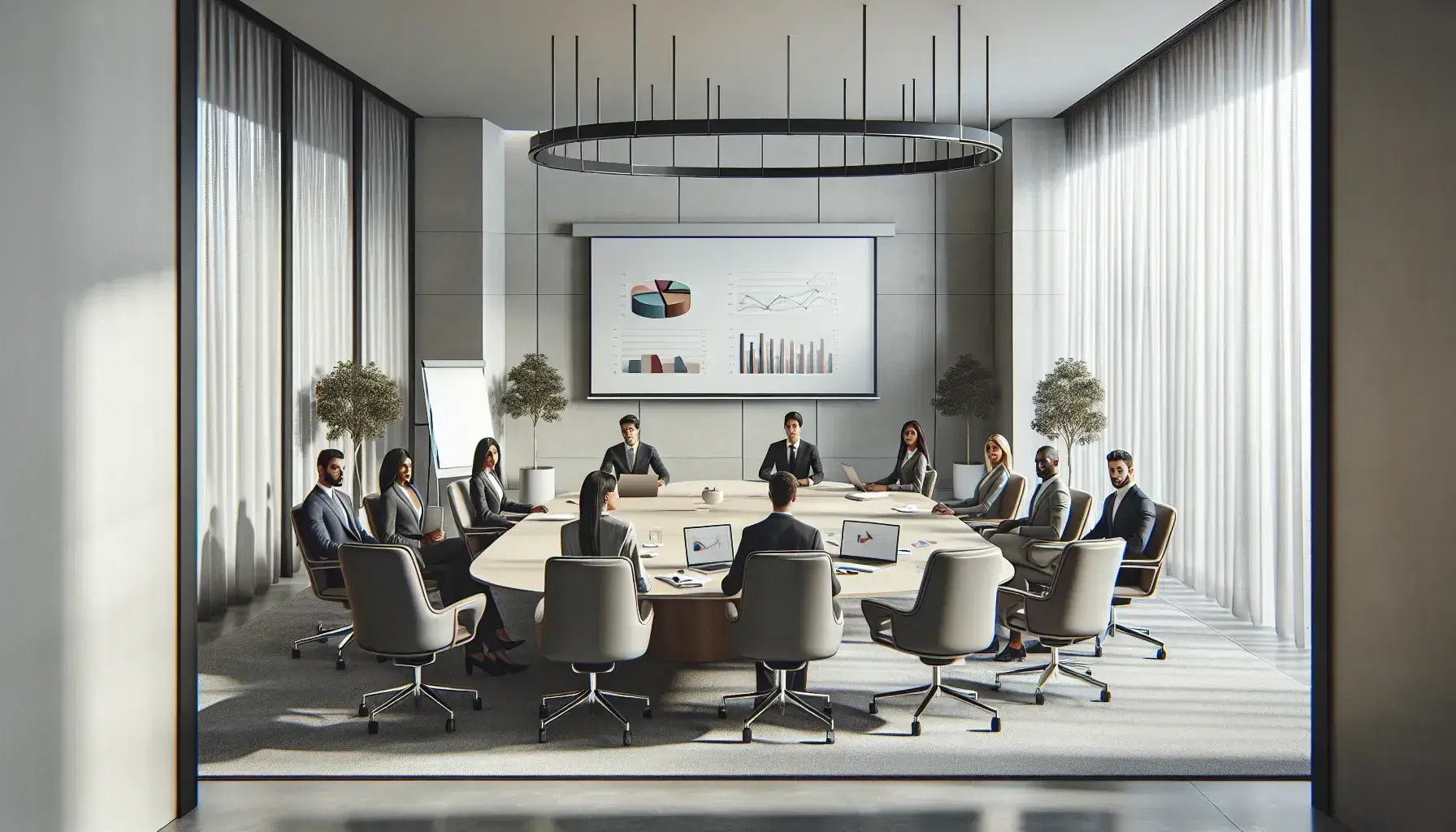 Diverse marketing team engaged in strategy meeting around oval table with laptop, tablet, and charts in a bright, modern office with glass whiteboard.
