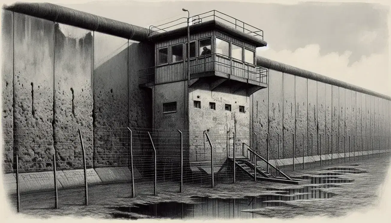 Tratto del Muro di Berlino pre-caduta con torre di guardia e filo spinato, cielo nuvoloso riflette atmosfera oppressiva.