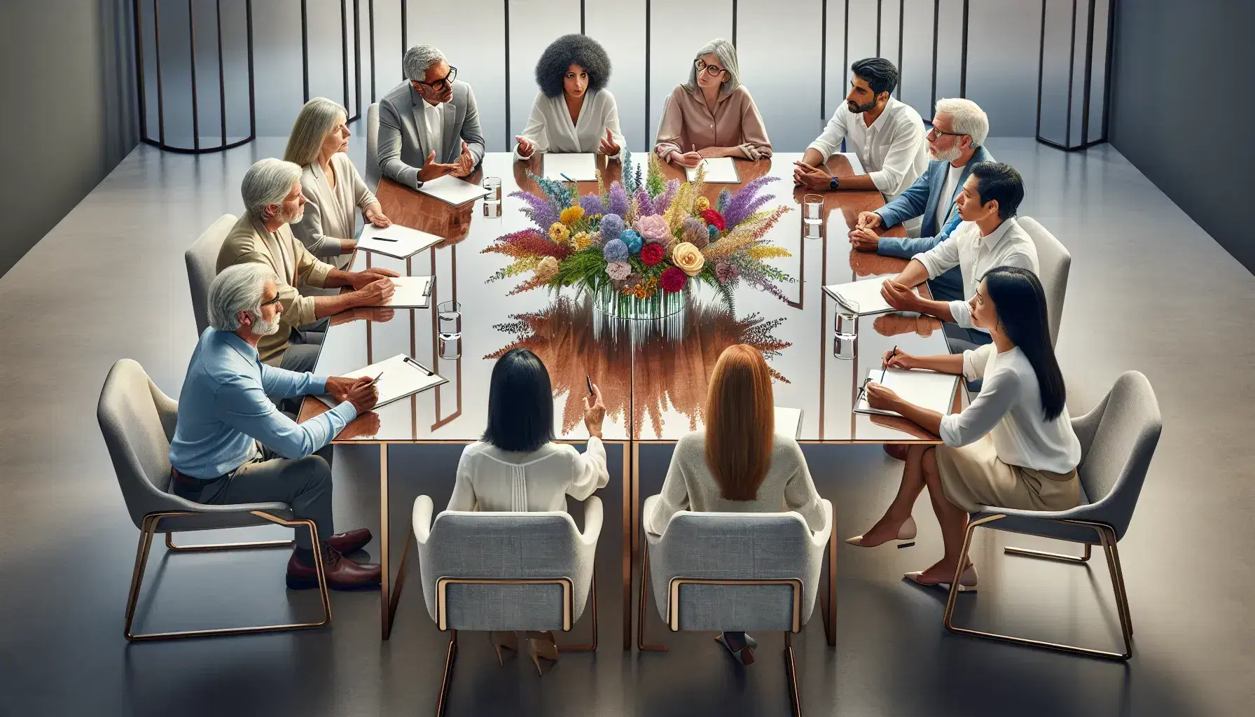 Grupo diverso de personas en reunión de trabajo alrededor de una mesa de madera con arreglo floral, discutiendo animadamente en un ambiente cálido.