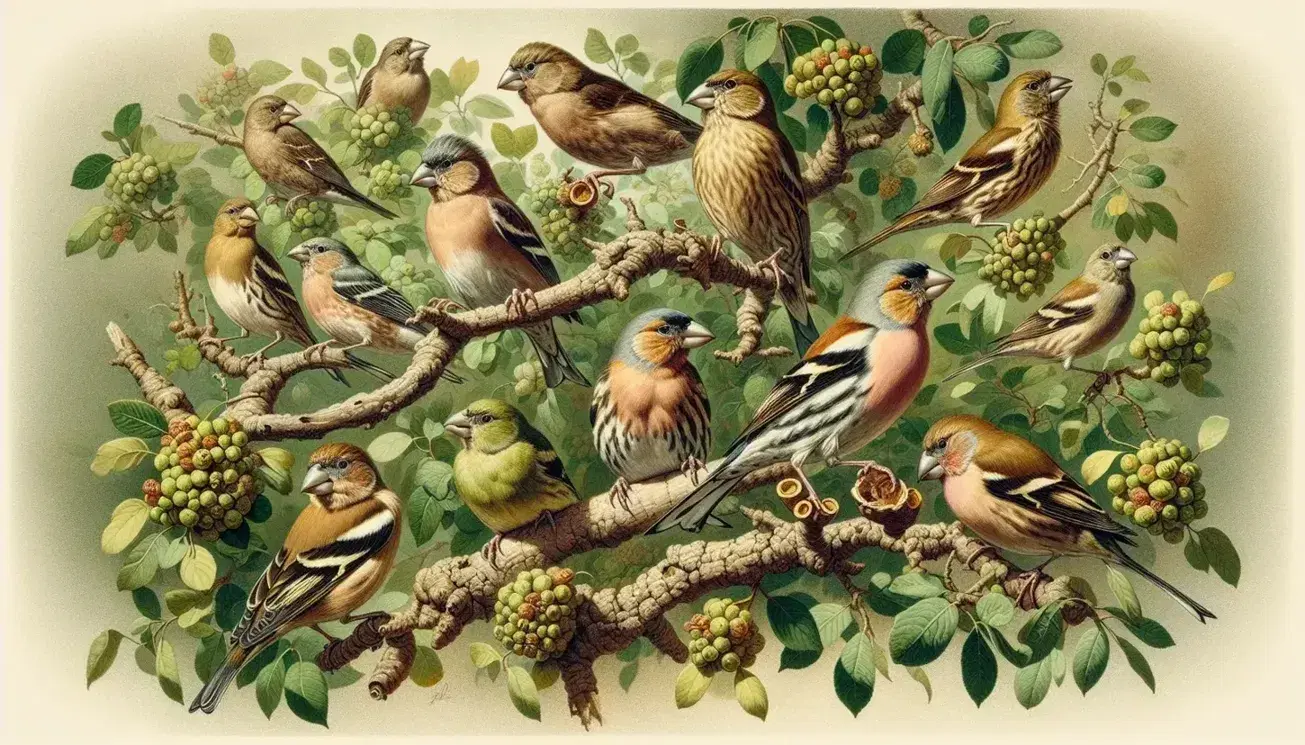 Diverse finches with varying beak sizes perch on a green tree, engaging in feeding and courtship behaviors under a clear blue sky.