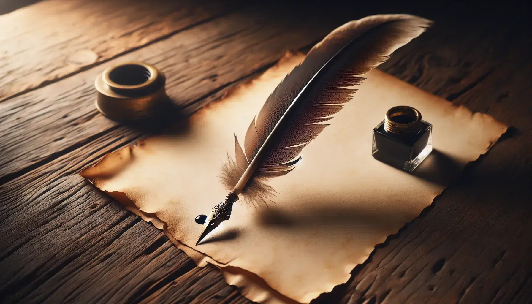 Quill pen with brown accents on aged parchment and brass inkwell on a wooden table, capturing the essence of traditional writing.