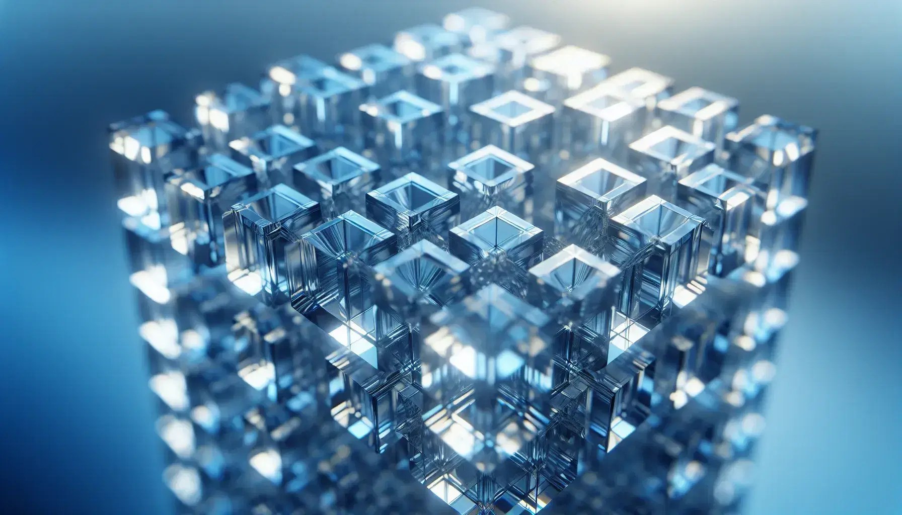 Crystalline structure of transparent cubes with bluish reflections in an ordered lattice on a light blue to white gradient background.