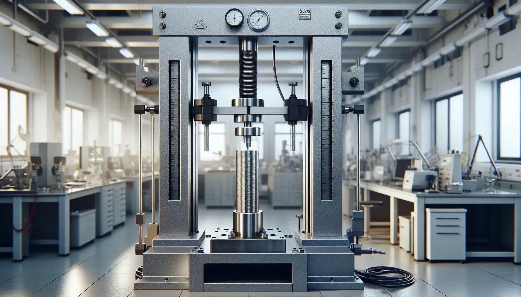 Macchina universale di prova di trazione in laboratorio di ingegneria dei materiali con campione metallico in fase di deformazione elastica.