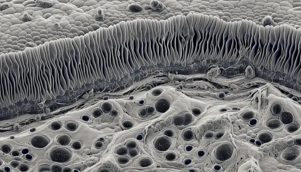 Sección de piel humana bajo microscopio electrónico de alta resolución mostrando keratinocitos, melanocitos y tejido conectivo con linfocitos T.