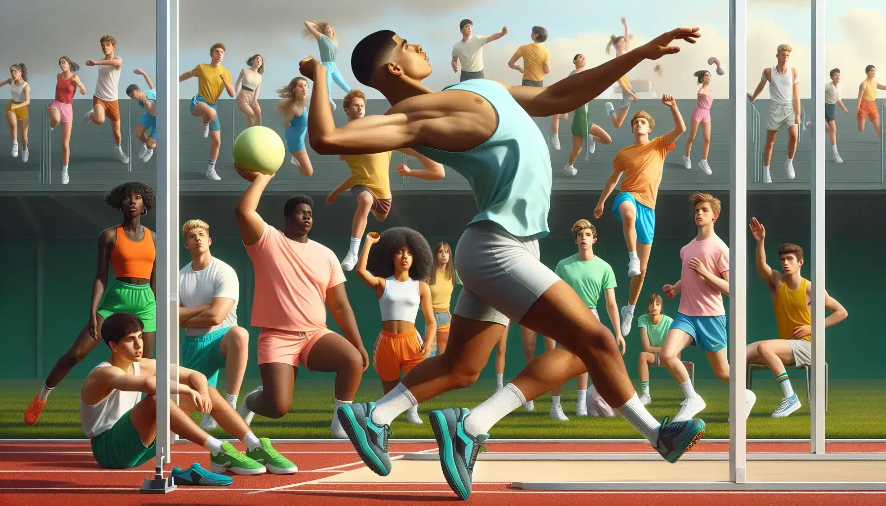 Estudiantes diversos en pista de atletismo realizando actividades deportivas, con lanzamiento de disco en primer plano y salto de altura al fondo.