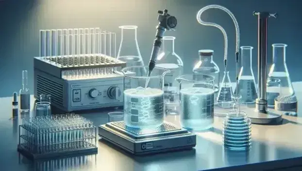 Laboratory bench with a beaker of light blue liquid on a magnetic stirrer, pipette dispenser, microplate reader, and stack of petri dishes.