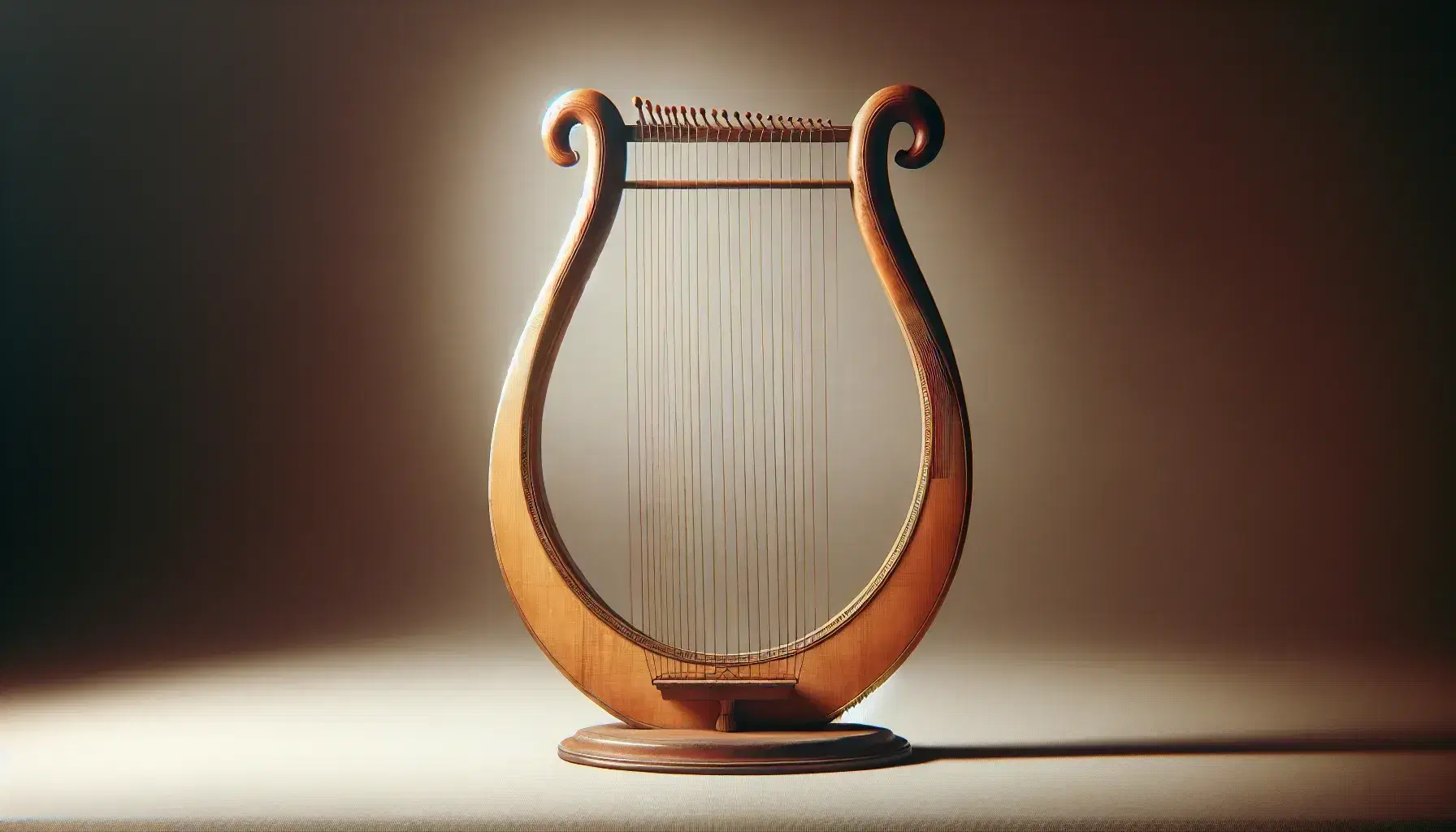 Lira antigua de madera con caja de resonancia y cuerdas paralelas, iluminada suavemente, sobre fondo neutro que resalta su forma y textura.