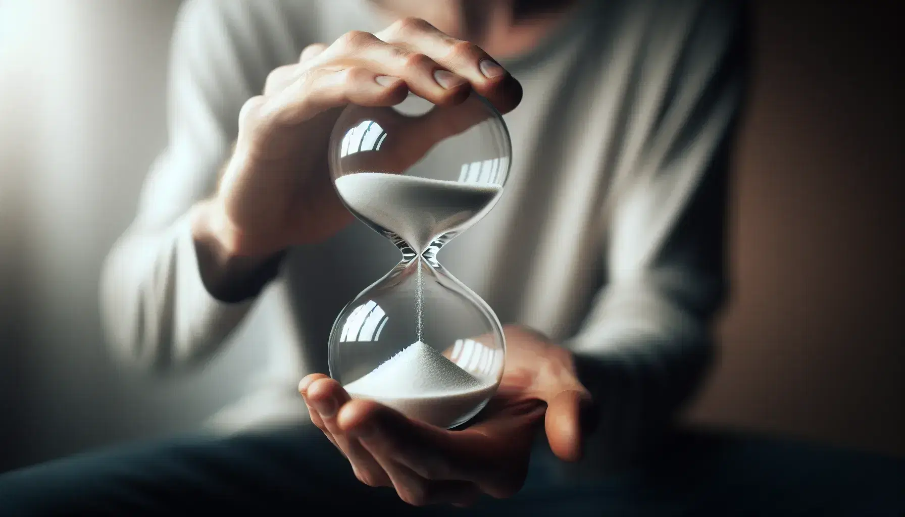 Close-up view of hands cradling a half-empty hourglass with white sand, against a soft-focus neutral background, emphasizing the passage of time.