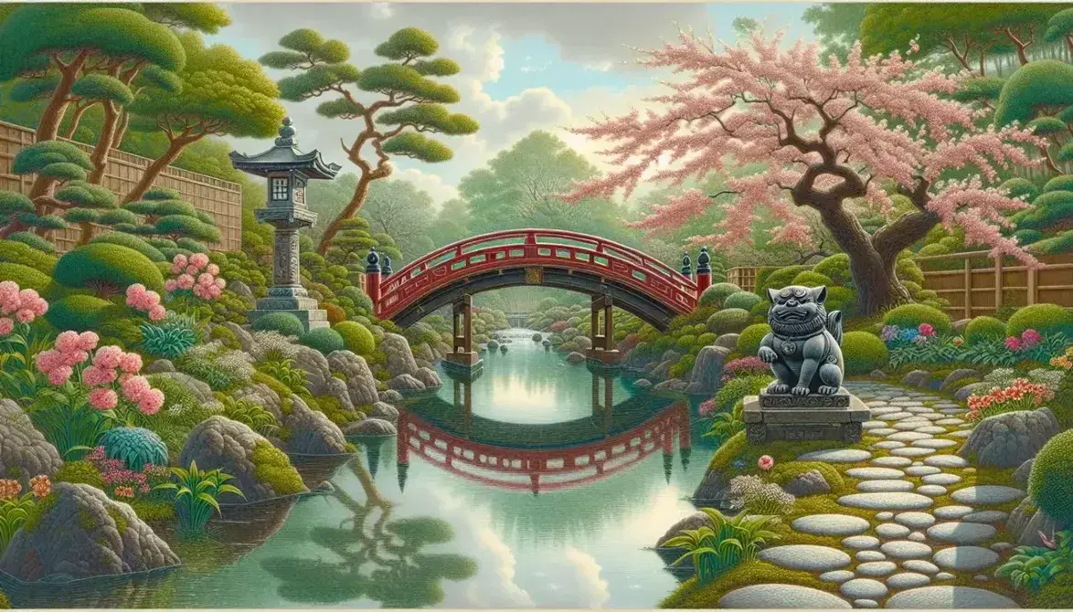 Giardino giapponese tradizionale con ponticello rosso, fiori di ciliegio, lanterna in pietra e statua di tanuki, riflesso sull'acqua tranquilla.