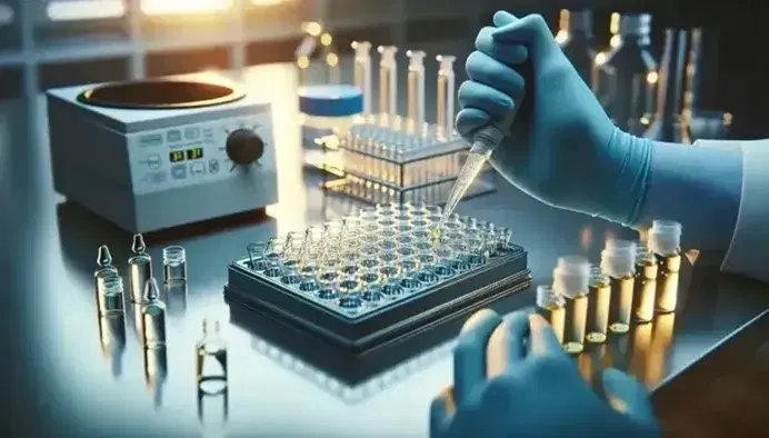 Scientist hands in blue gloves using a pipette to transfer liquid into a microtiter plate in the laboratory, with centrifuge and test tubes in the background.