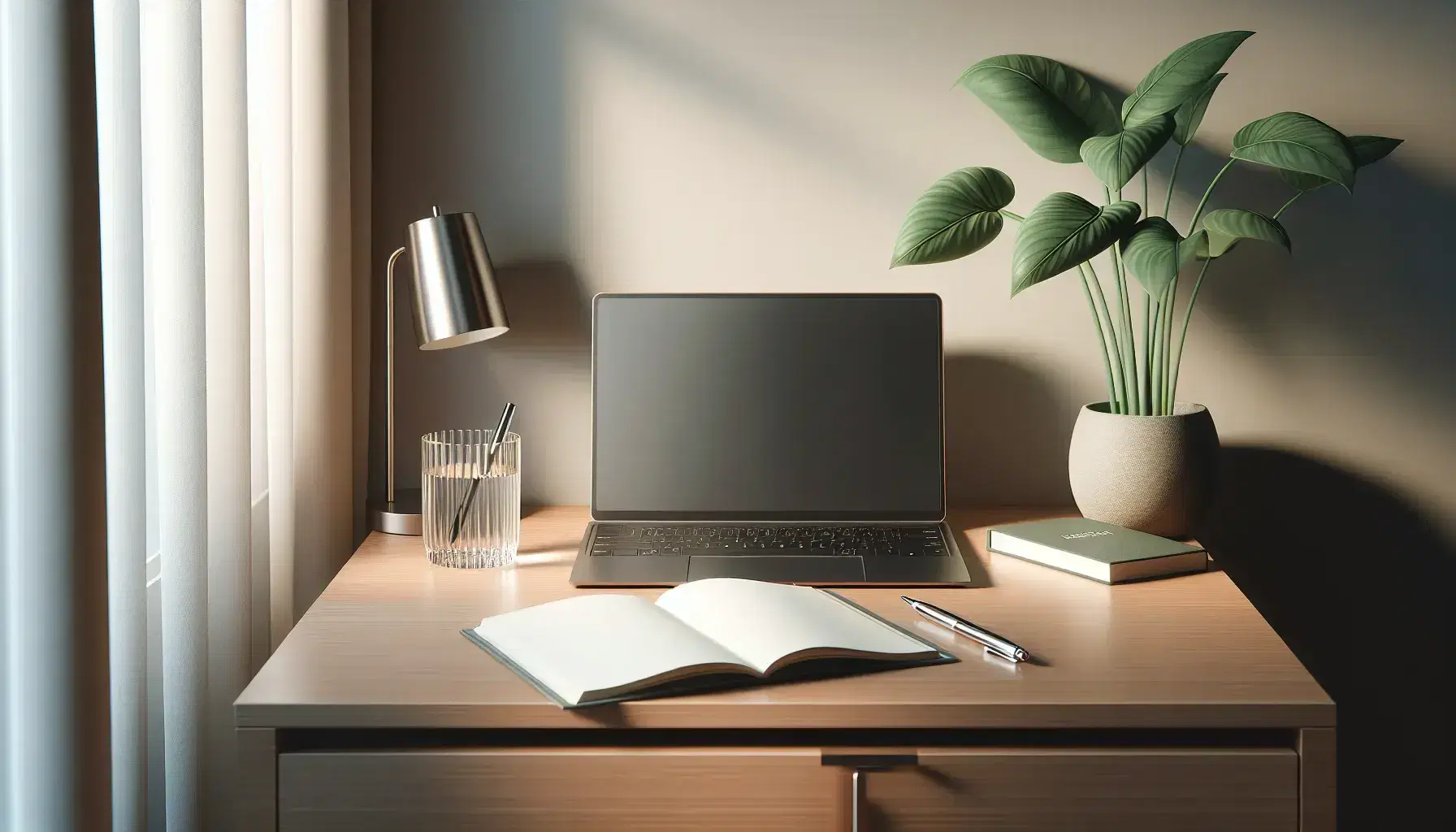 Tidy desk with open laptop, glass of water, green plant and closed book, in a softly lit room.