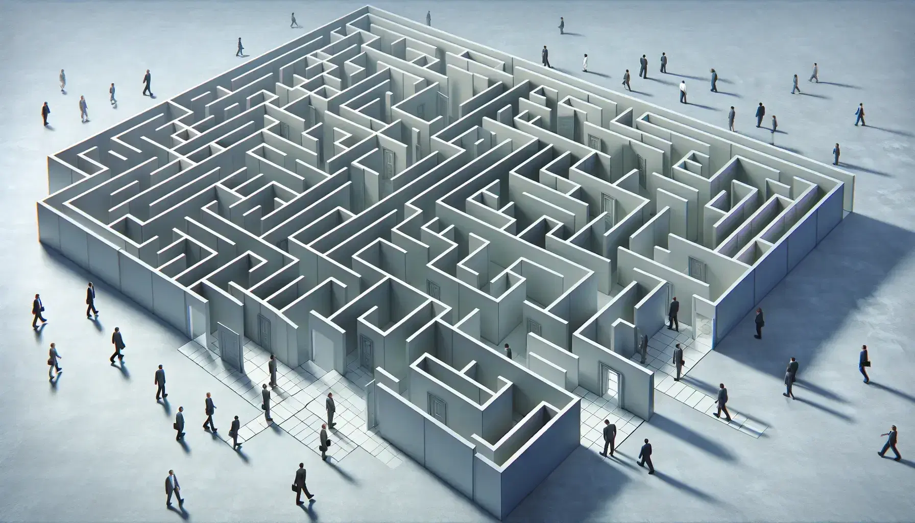 Elevated view of a complex light gray maze with businesspeople at various stages, clear skies above, and distinct shadows on the ground.