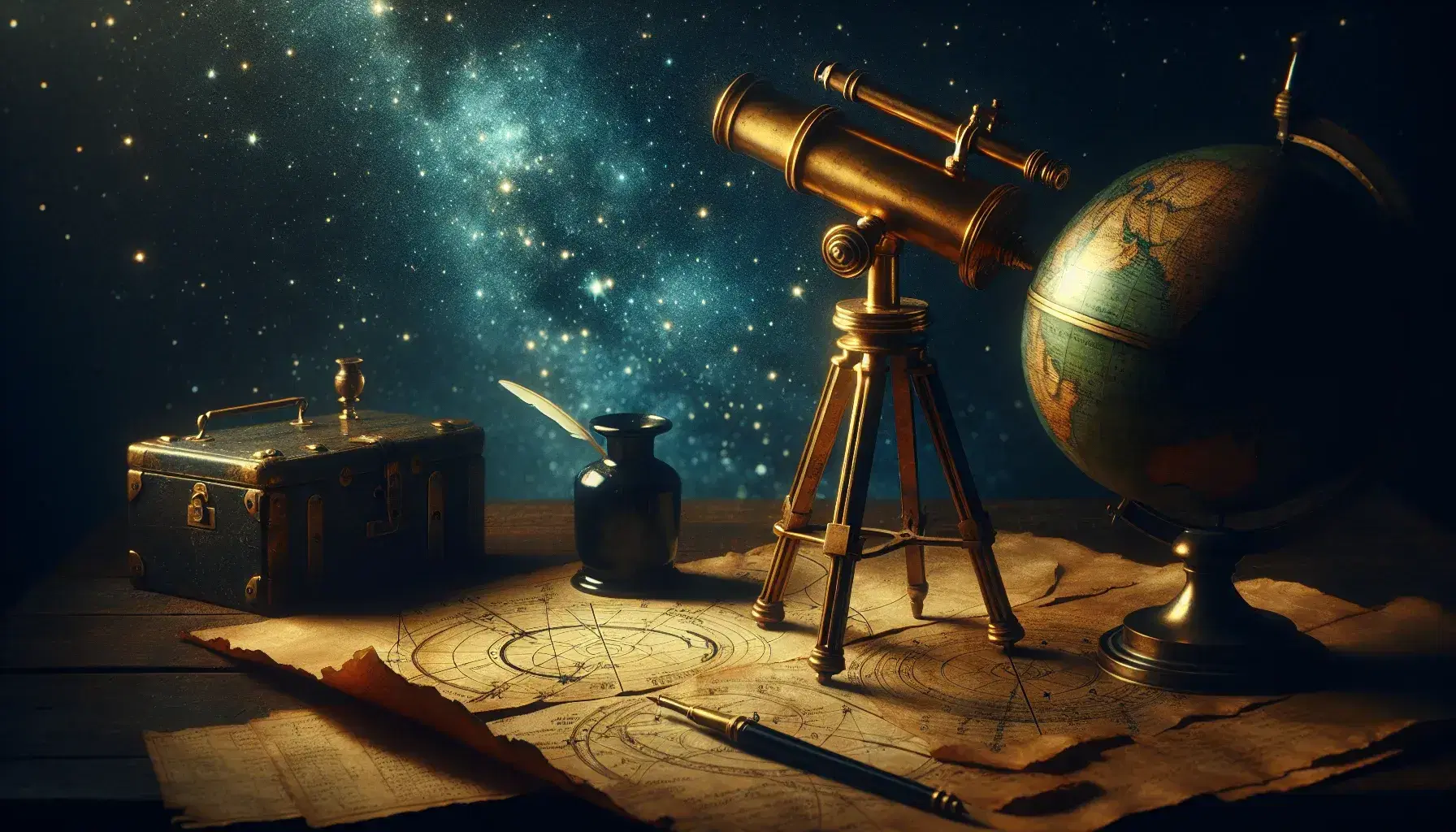 Telescopio antico in ottone su treppiede di legno puntato verso un cielo stellato notturno, con tavolo, carte astronomiche, calamaio e penna, e sfondo di mappamondo sfocato.