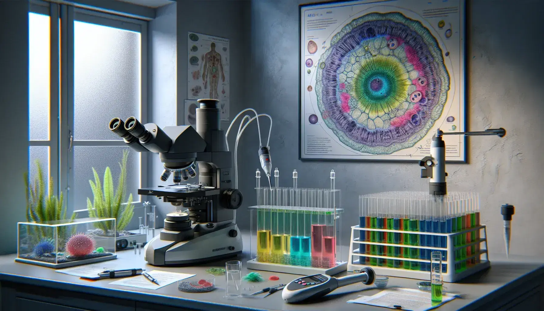 Laboratorio di ricerca biologica con microscopio elettronico, provette colorate, pipetta automatica, poster cellulare e acquario con pesci.