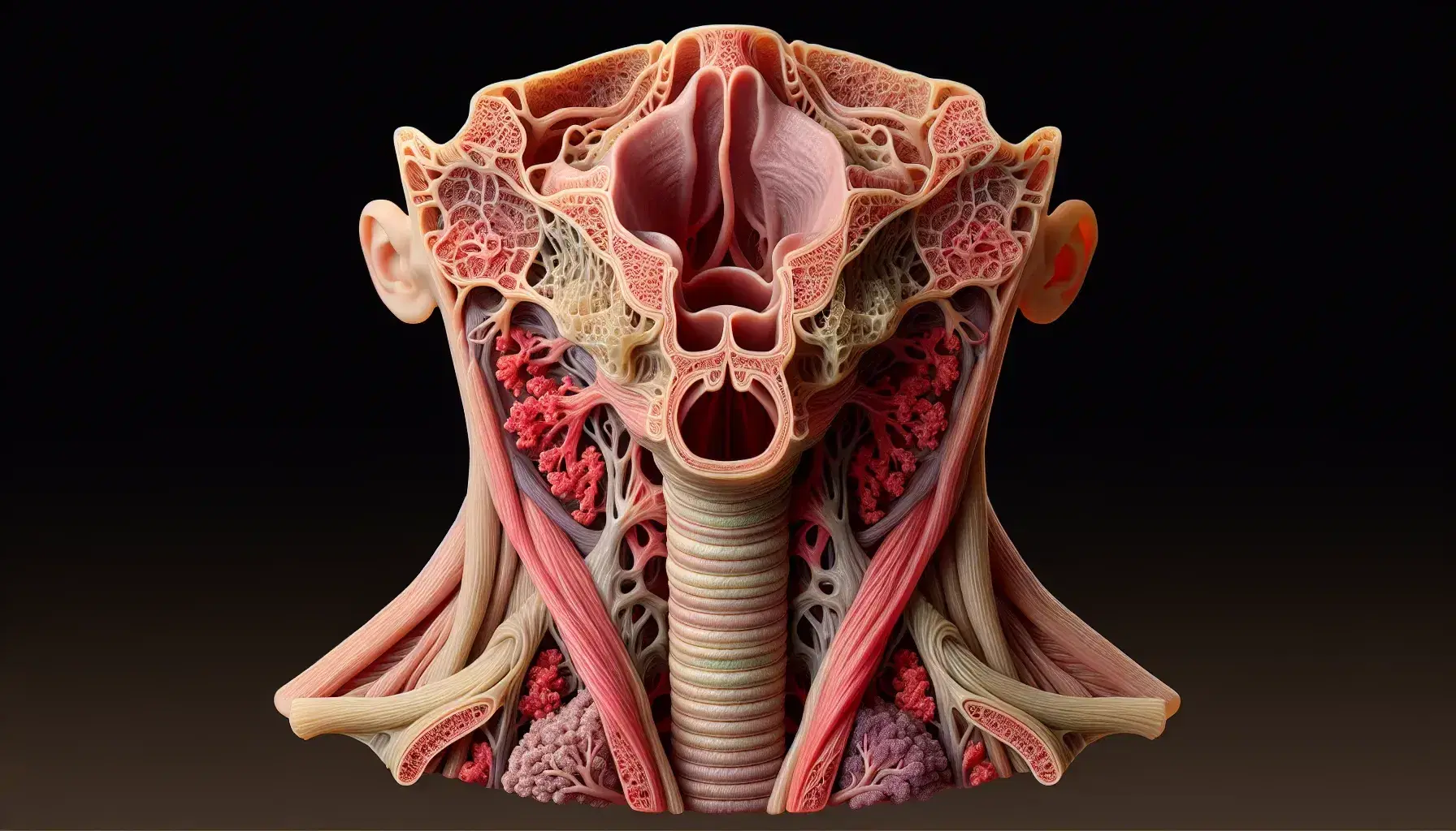 Vista transversal detallada del tracto respiratorio superior humano, mostrando cavidad nasal, faringe, laringe con cuerdas vocales y tráquea con anillos cartilaginosos.