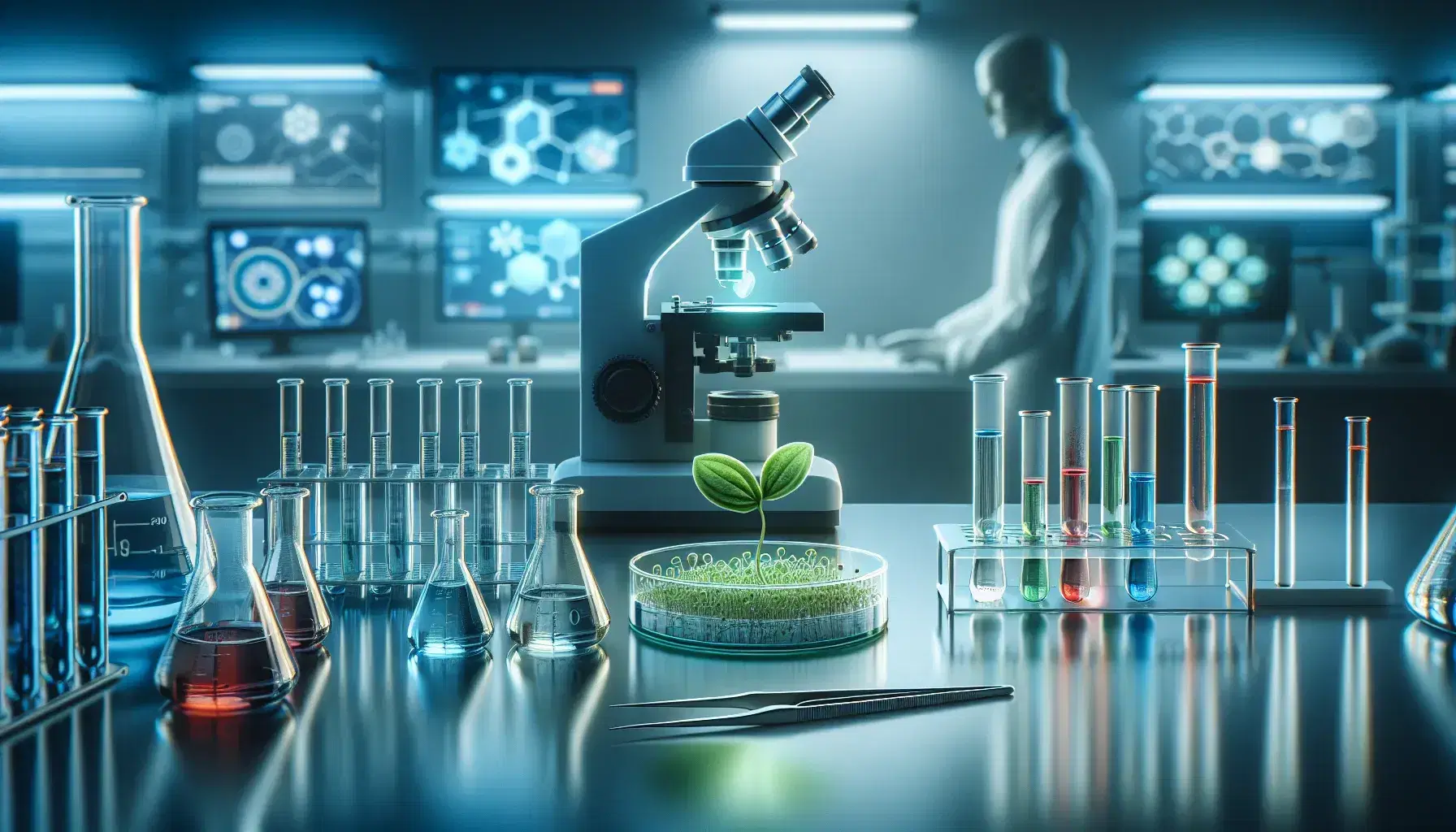 Laboratory workbench with microscope, petri dish with green sprout, colored vial caps, tweezers holding a leaf, and scientist at computer.