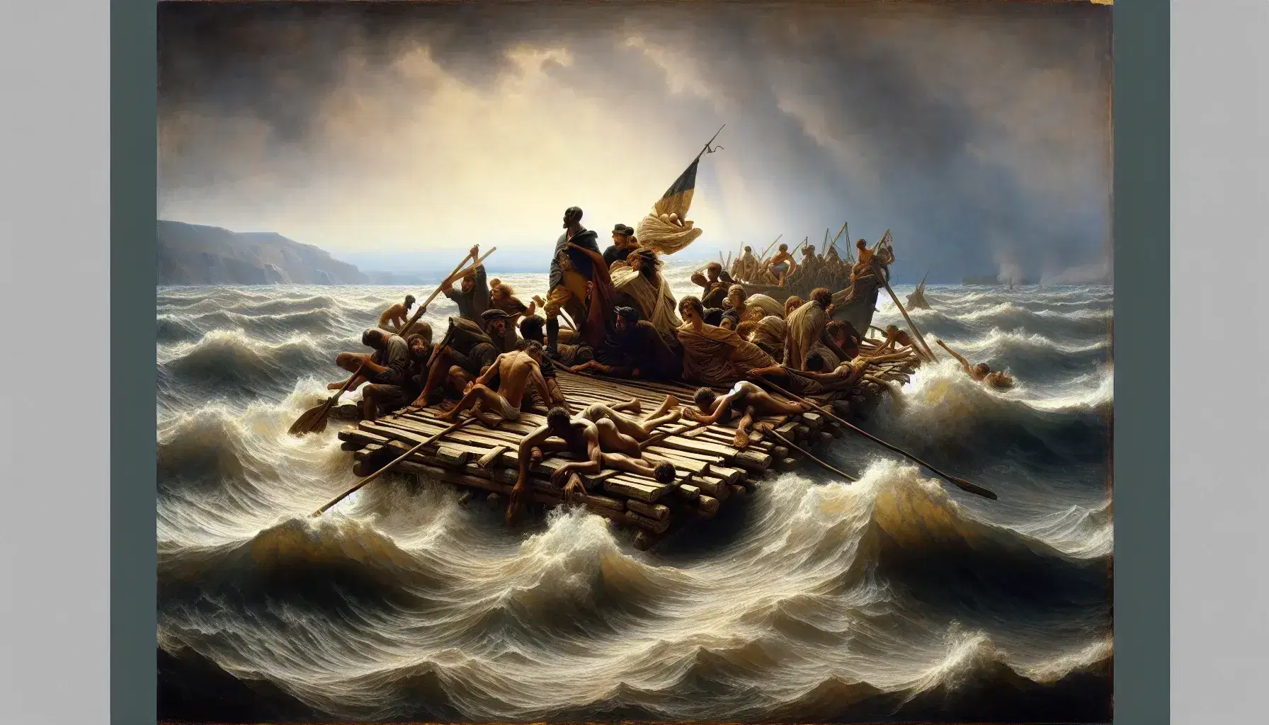 Zattera di sopravvissuti in mare agitato, dipinto "La zattera della Medusa" di Théodore Géricault, con figure umane disperate in cerca di soccorso.