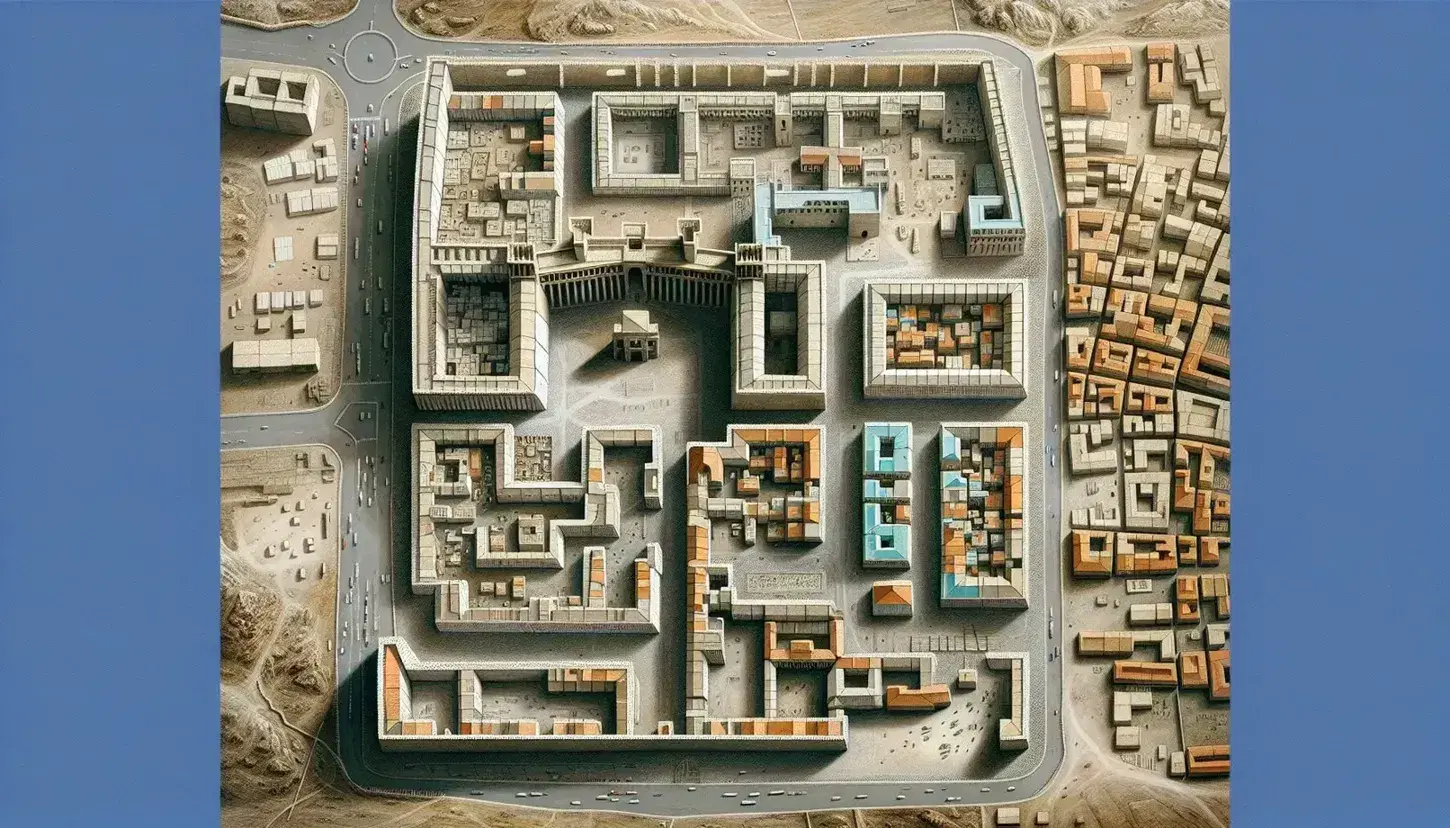 Veduta aerea di una città romana antica con strade reticolari, mura con porta ad arco e torri, aree residenziali e spazi pubblici.