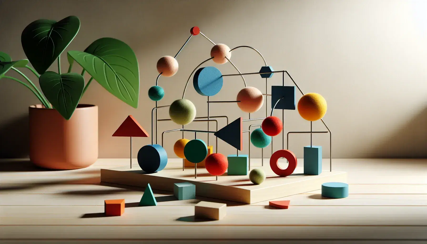 Figuras geométricas de colores sólidos y brillantes sobre mesa de madera, conectadas por hilos, con planta de fondo.