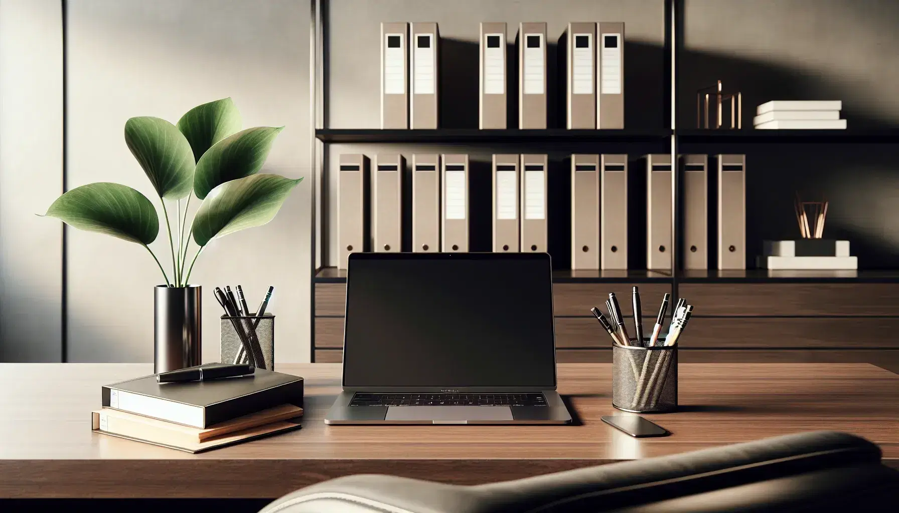 Organized office desk with a modern laptop, stack of manila folders, black desk organizer with pens, potted plant, and a window providing natural light.