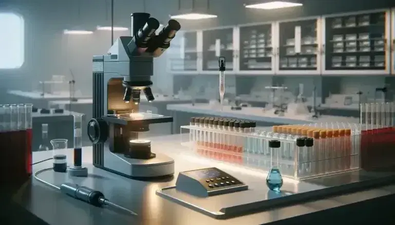 Microscopio elettronico su tavolo con provetta e pipetta automatica in laboratorio scientifico, tubi con liquidi colorati sul lato.