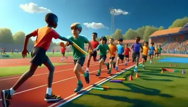 Bambini di diverse etnie in sportswear colorato partecipano a staffetta su pista atletica all'aperto, passaggio testimone sotto cielo azzurro.