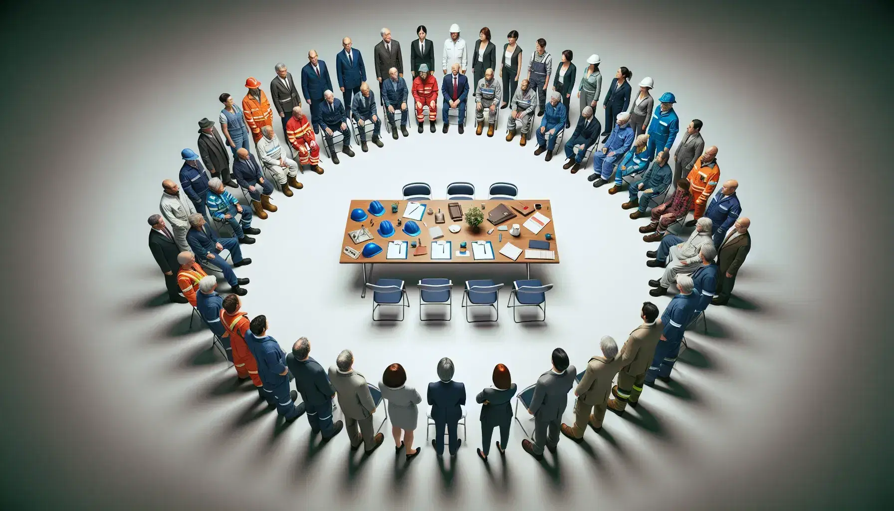 Grupo diverso de profesionales en semicírculo con mesa central y sillas vacías, listos para reunión de trabajo, reflejando colaboración y diversidad laboral.
