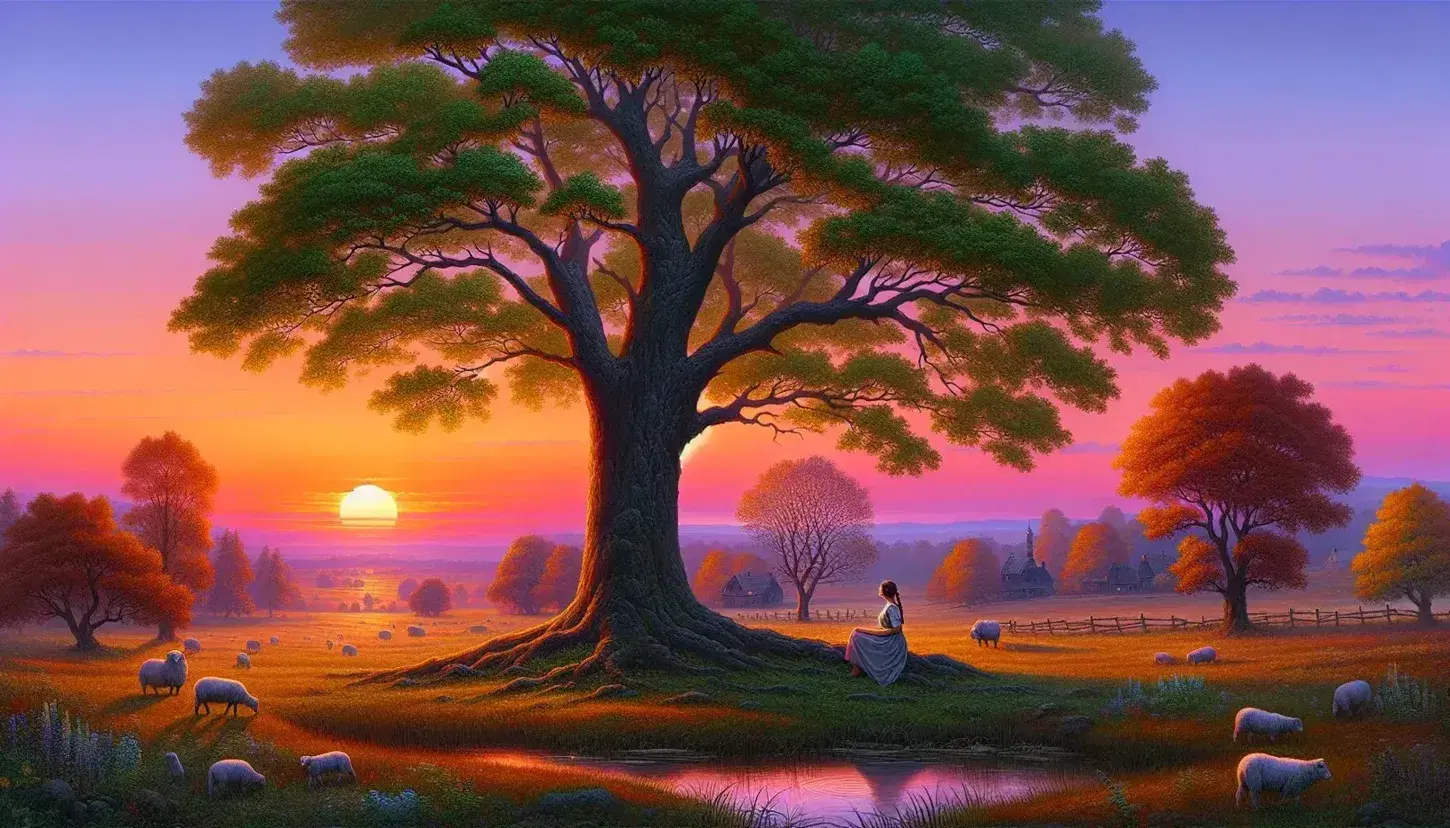 Tramonto autunnale in campagna con donna seduta sotto albero, pecore al pascolo, villaggio in lontananza e ruscello serpeggiante.