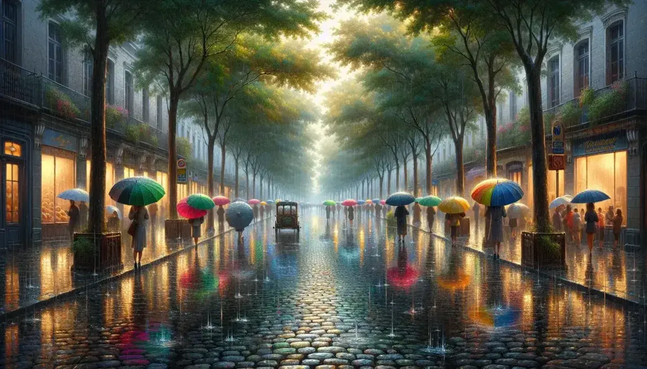 Rain-soaked cobblestone street lined with trees and colorful umbrellas reflecting on wet surface under a gray overcast sky.
