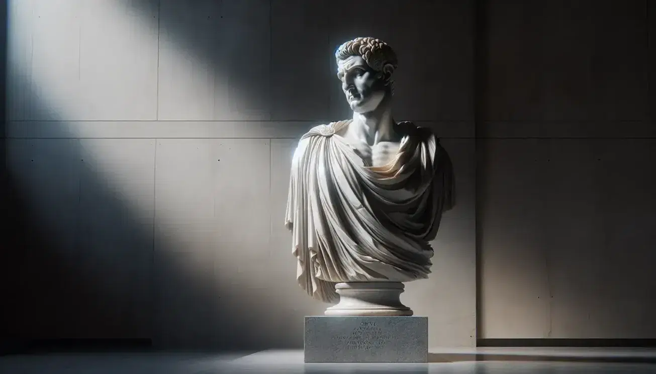 Statua romana in marmo bianco di uomo in toga, con dettagli realistici del volto e pieghe del tessuto su piedistallo grigio.