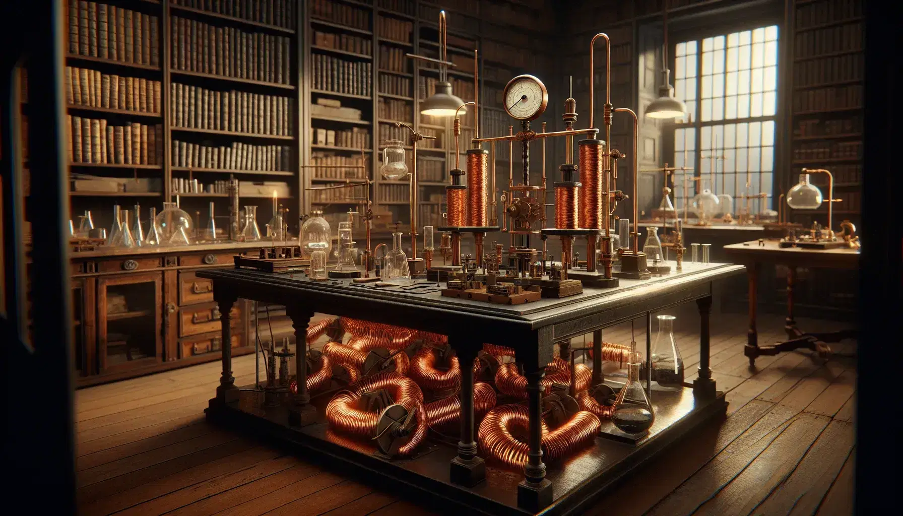 Laboratorio scientifico storico con strumenti per esperimenti elettromagnetici, bobine di rame, galvanometro e batteria su tavolo in legno.