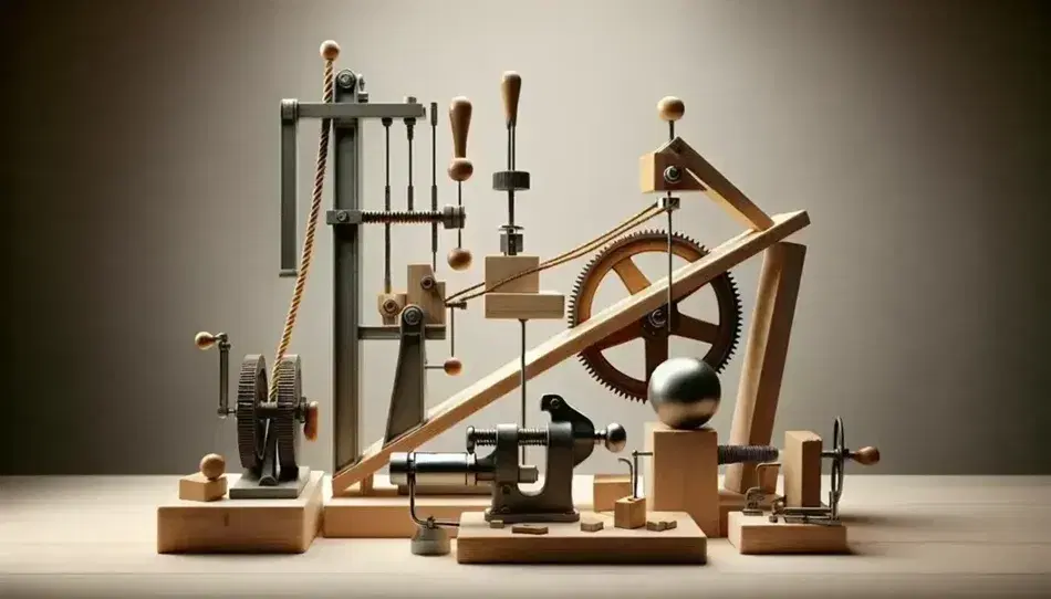 Colección de máquinas simples con palanca metálica, polea de madera, plano inclinado y esfera metálica, tornillo de banco y engranajes en mesa de madera.