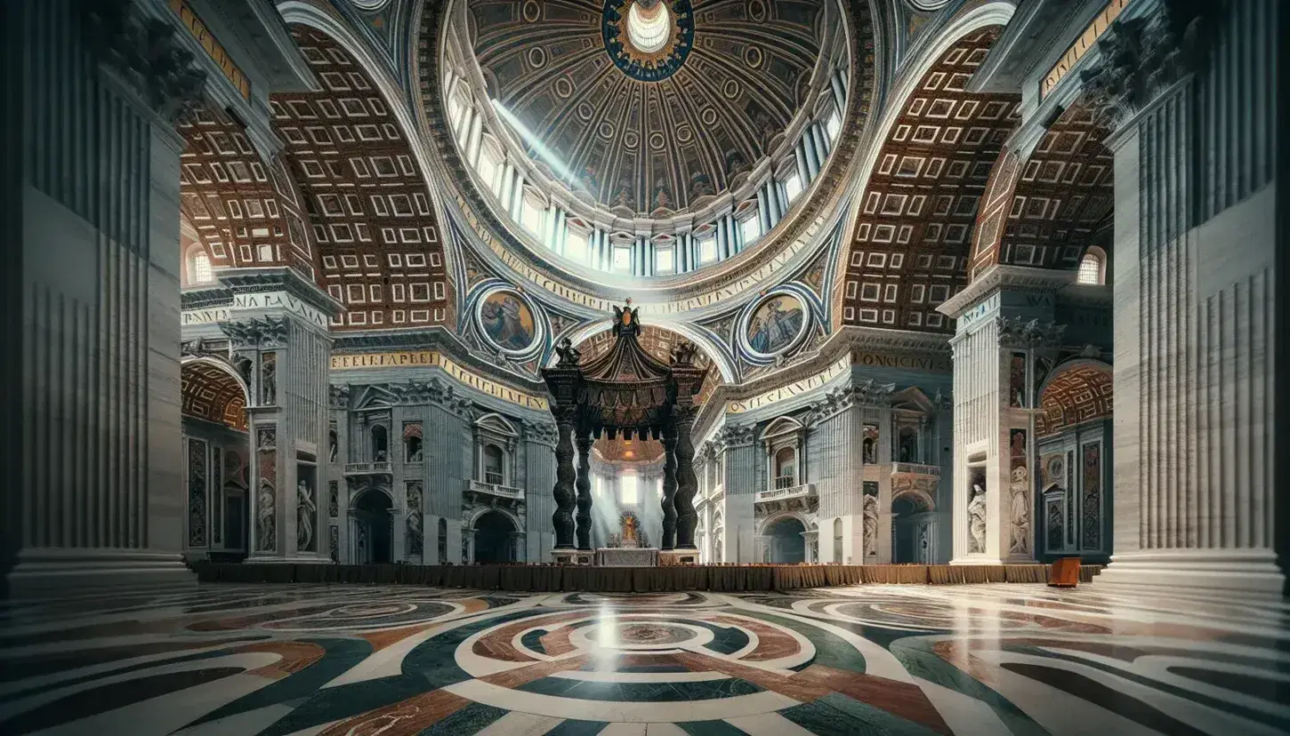 Vista parziale dell'altare maggiore e della cupola di Michelangelo in Basilica di San Pietro, con il baldacchino di Bernini e pavimento marmoreo policromo.