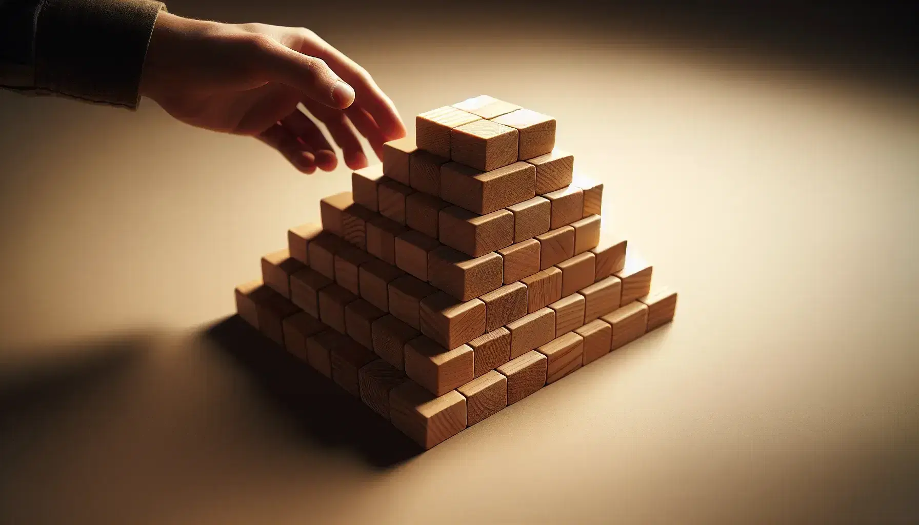 Close-up view of hands building a pyramid with wooden blocks, showcasing the natural wood grain and craftsmanship against a muted backdrop.