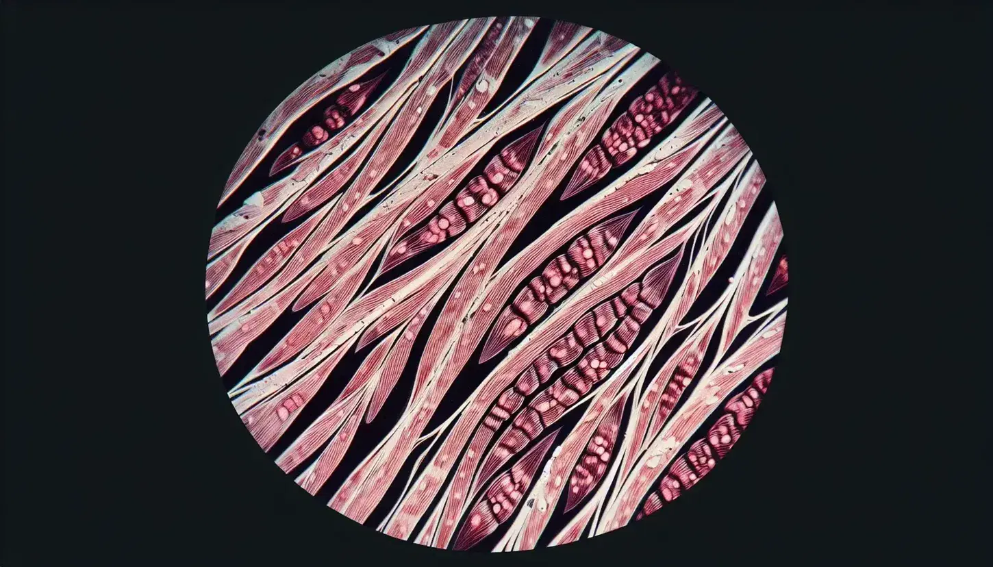 Fibras musculares humanas bajo microscopio electrónico mostrando filamentos paralelos con bandas claras y oscuras en tonos rojos y rosas.
