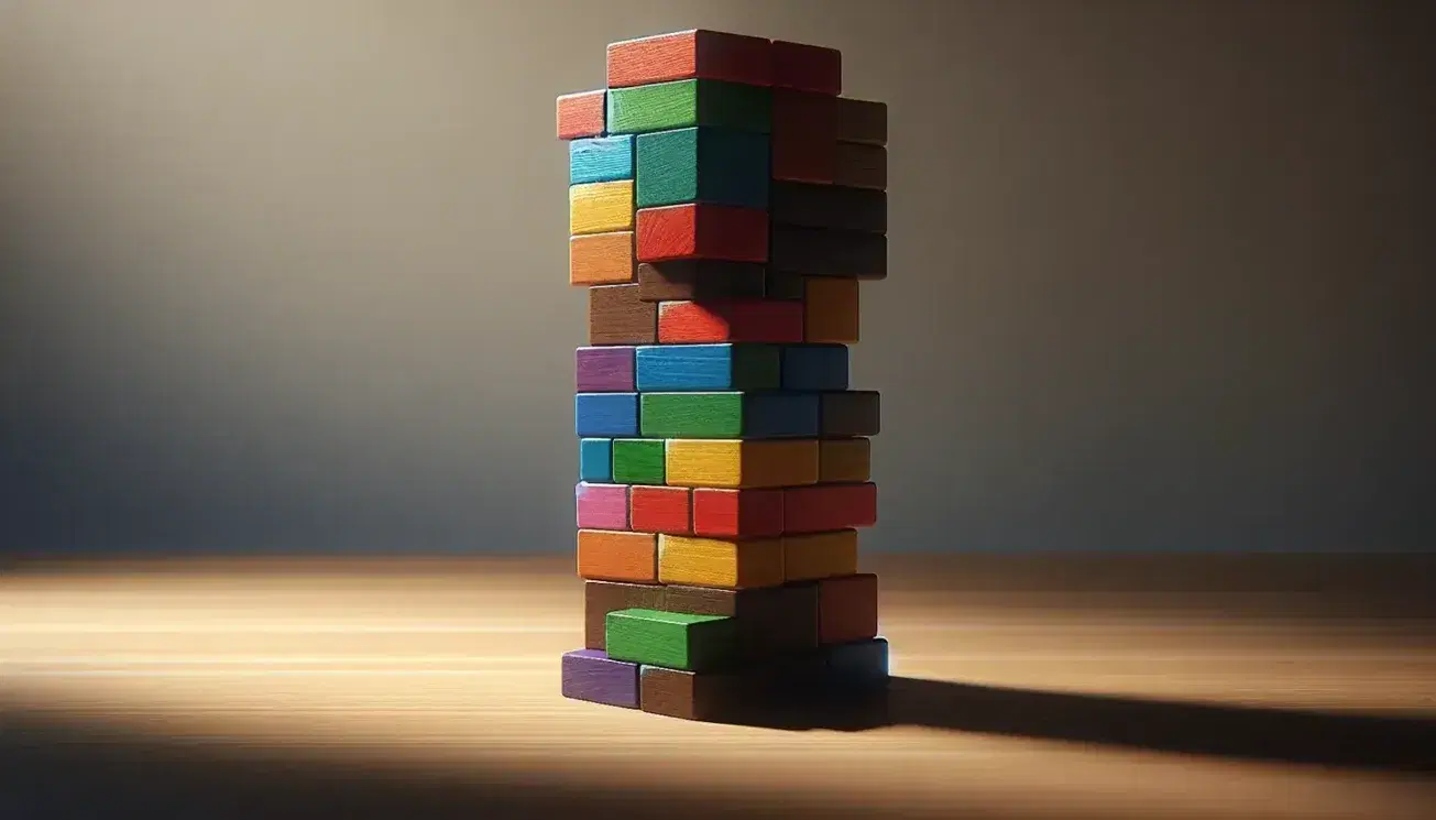 Torre de bloques de madera apilados en colores variados como marrón, rojo, verde, azul, amarillo, naranja y violeta, sobre superficie clara.