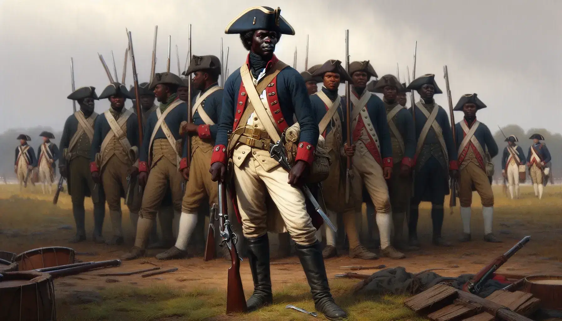 African American Revolutionary War soldiers in formation, with one holding a musket, others with drums, wearing blue and red uniforms.