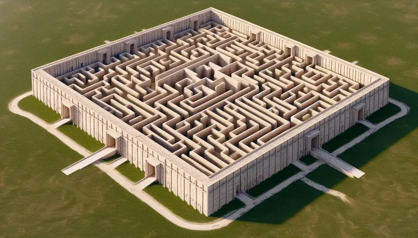 Intricate labyrinth seen from above with high sand-colored walls and dark paths on green grass, no obvious shadows, clear sky.
