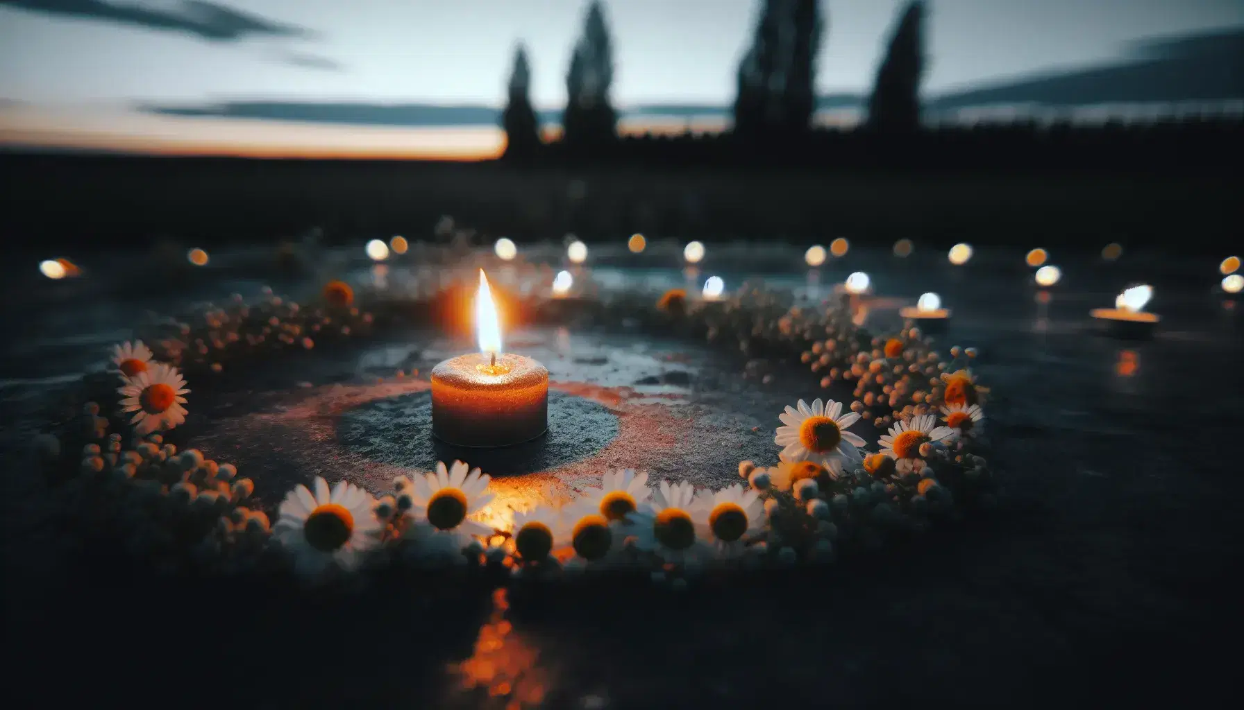 Vela encendida con llama naranja y amarilla sobre superficie oscura, rodeada de flores blancas con centros amarillos, fondo desenfocado natural al atardecer.