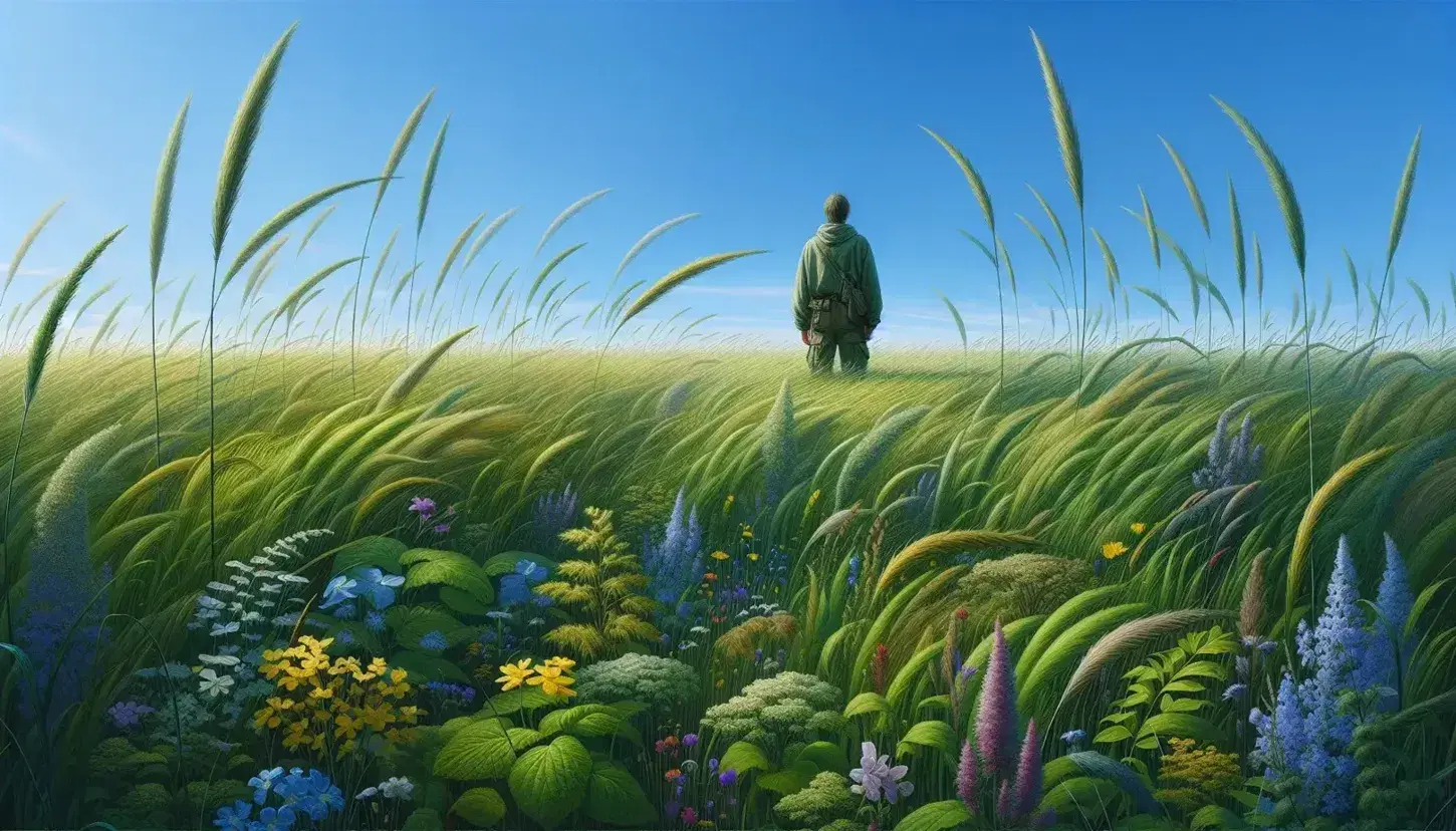 Lush meadow with wild grasses and colorful flowers, a solitary figure embracing nature under a clear blue sky, bordered by a tree line.