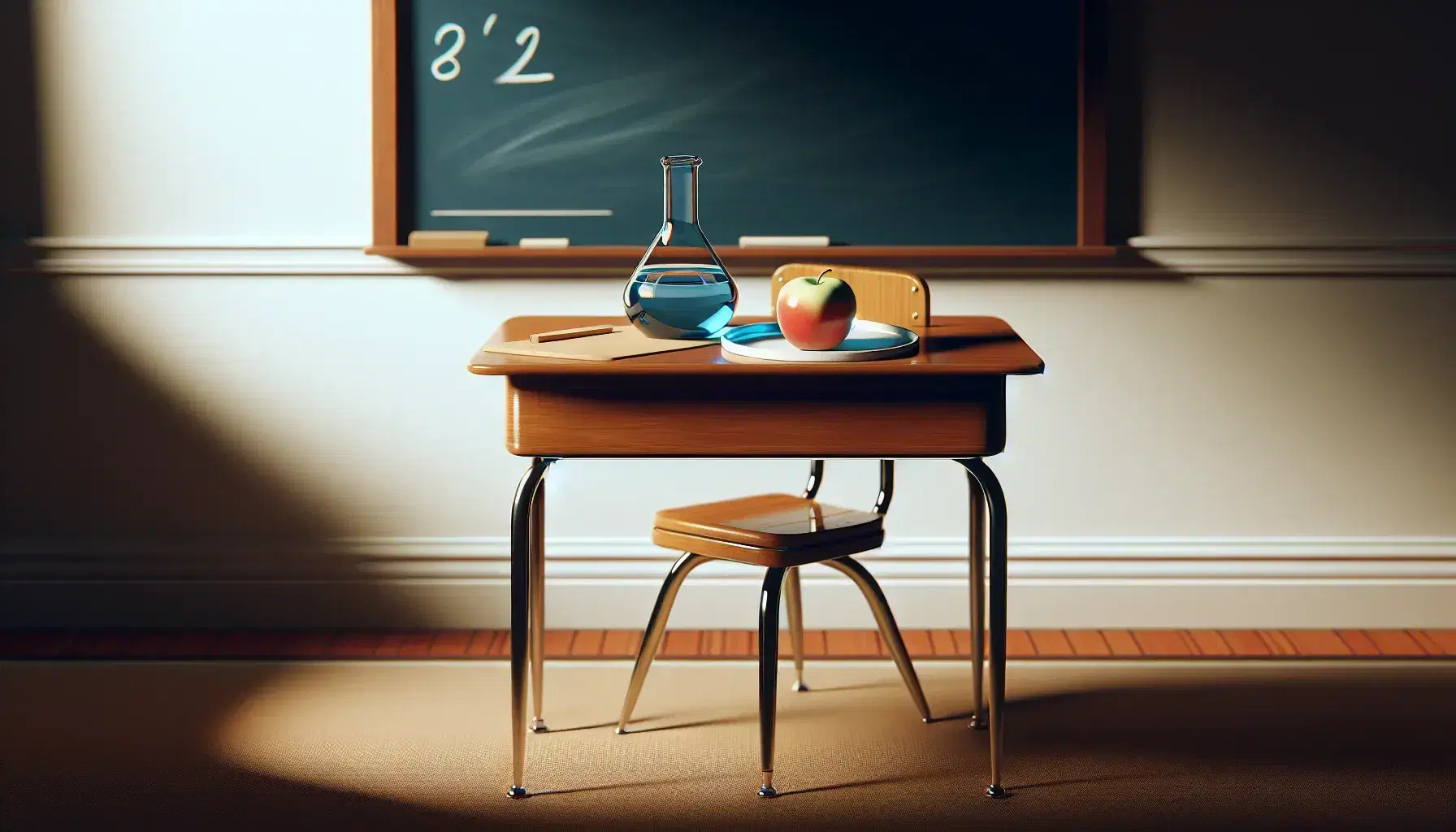 Classic wooden school desk with a glass beaker of blue liquid and a white plate with sliced red apple, against a clean chalkboard in a serene classroom.