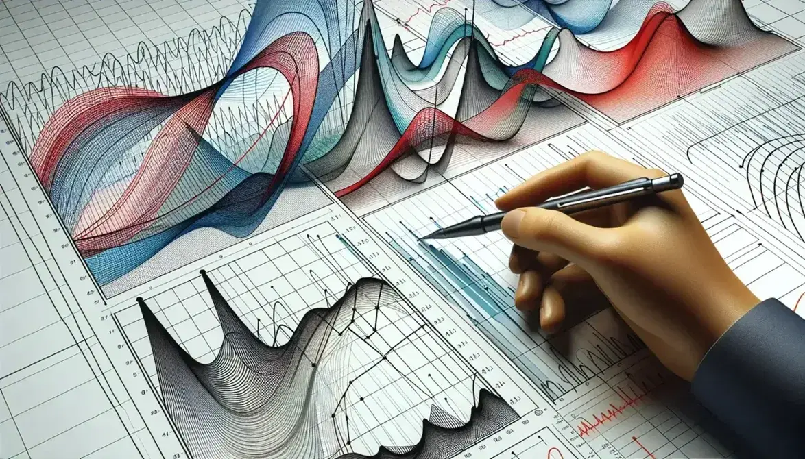 Gráficos de líneas superpuestos en colores azul, rojo y verde con una mano sosteniendo un estilete apuntando a un pico, sin texto visible.