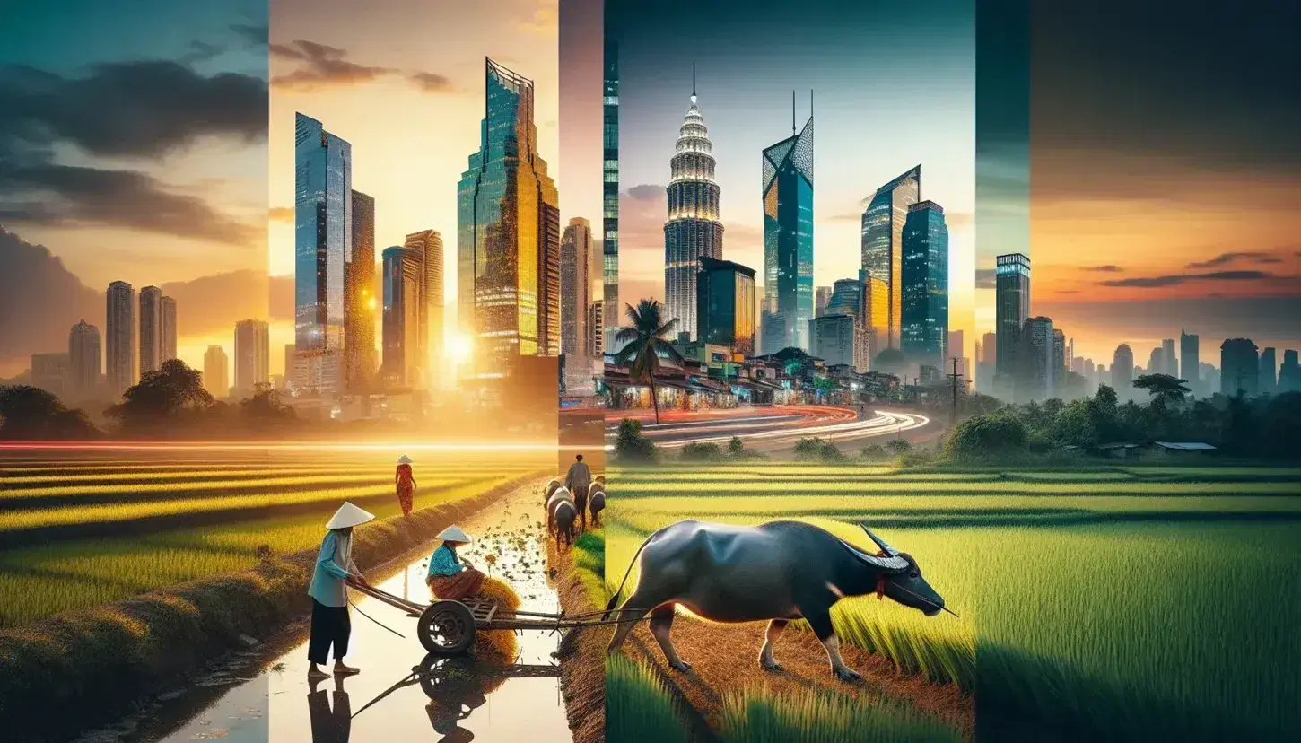 Collage fotografico con grattacieli moderni al tramonto e strada trafficata sopra, e contadino con bufalo in risaia verde sotto, divisi da palme.