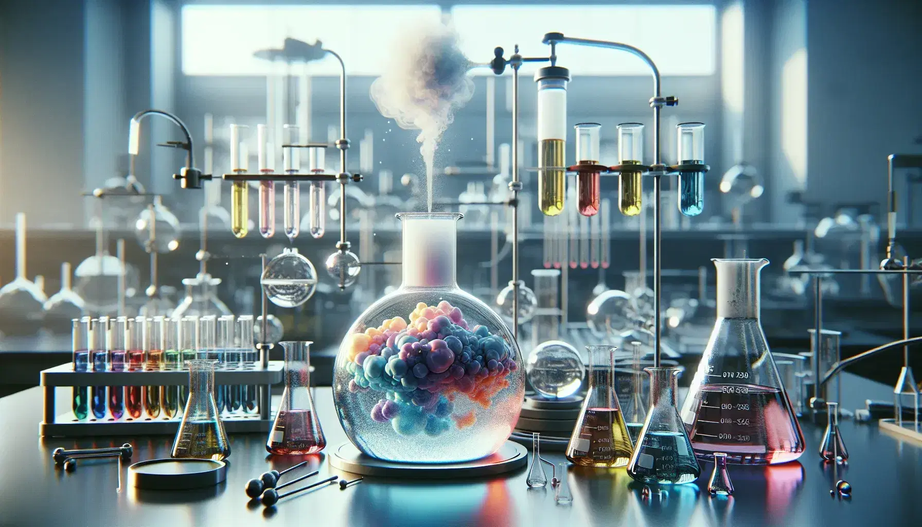 Chemical laboratory with flasks on magnetic stirrer, Liebig condenser, beaker, graduated cylinder and burning burner.
