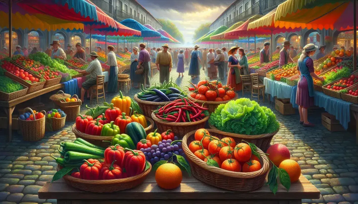 Mercado al aire libre con frutas y verduras frescas en canastas, gente comprando bajo toldos coloridos en un día soleado.