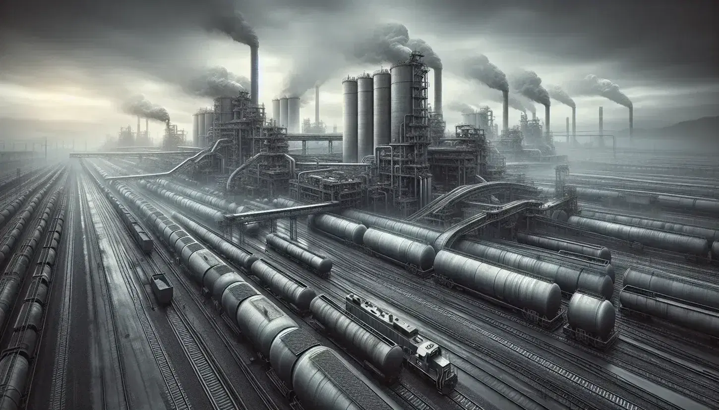 Expansive industrial complex with cylindrical tanks, interconnected pipes, smokestacks, a coal-laden freight train, and a red brick factory against a grey sky.