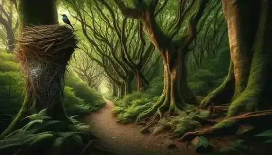 Sentiero boscoso con alberi frondosi, nido su un tronco e ragnatela tra i rami, senza presenza umana.